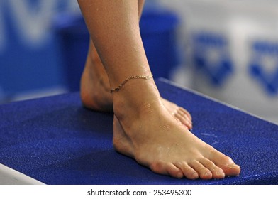 EINDHOVEN, HOLLAND-MARCH 20, 2008: Close Up Of Female Diver Feet Standing On Diving Board During The European Swimming Championship, In Eindhoven.