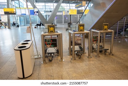 Eindhoven, Netherlands 5 May 2022 : Baggage and luggage trolleys parked at Eindhoven International airport 