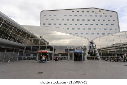 Eindhoven, Netherlands 5 May 2022 : Eindhoven Airport terminal building from outside and Tulip inn hotel 