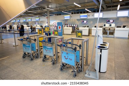 Eindhoven, Netherlands 5 May 2022 : Baggage and luggage trolleys at Eindhoven International airport 