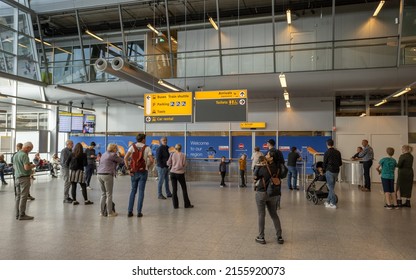 Eindhoven, Netherlands 5 May 2022 : People at Eindhoven airport waiting for arriving passengers to arrive at the arrival hall 