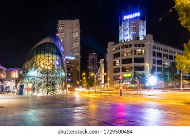 Eindhoven, The Netherlands, August 24th 2019. Eindhoven city with the blob and the Philips building and the 18 Septemberplein with lots of colorful lights during the night