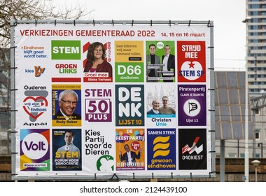 Eindhoven, The Netherlands - February 16 2022: Dutch municipal council elections gemeenteraad: VVD, Groenlinks, D66, SP, 50plus, Feestpartij, Piratenpartij, FvD, Volt, Denk, PvdA, Christen unie, PvD. 