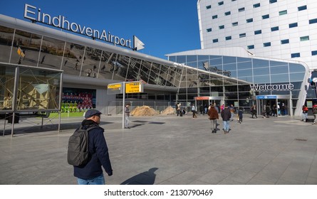 Eindhoven, The Netherlands - February 27 2022: terminal Eindhoven airport. Passengers, part of a serie