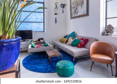 Eindhoven, the Netherlands, February 2nd 2020. An interior of a spacious industrial city loft on Strijp S with big windows. A bohemian, modern, mix and match eclectic styled home with colorful details