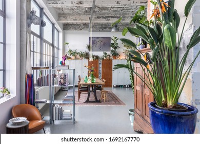 Eindhoven, the Netherlands, February 2nd 2020. An industrial city loft interior on Strijp S. A bohemian, modern, mix and match eclectic styled home with plants. Home decoration inspiration