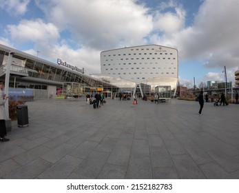 Eindhoven, Netherlands, January 29, 2022: Eindhoven Airport Terminal. Passengers in front of Modern architecture Eindhoven airport.