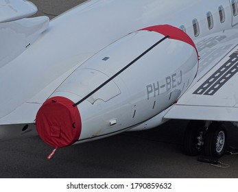 Eindhoven, Netherlands - July 28 2020 : Engine Covered Of A Business Jet (Bombardier Global 5000)