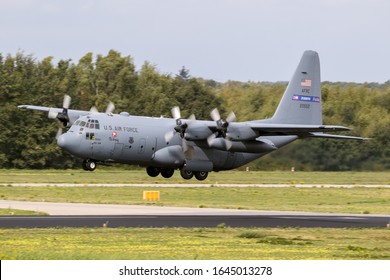 EINDHOVEN, THE NETHERLANDS - JUN 22, 2018: US Air Force Lockheed C-130H Hercules Transport Plane From 94th Airlift Wing Landing On EIndhoven Airbase.