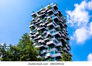 Eindhoven, The Netherlands, June 29th, 2021. Vertical garden tower with trees creating greenery and nature for the social housing residents of the city, Strijp S.