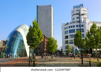 EINDHOVEN, NETHERLANDS - JUNE 5, 2018: Day view of the old Philips factory building and modern futuristic building in the city centre of Eindhoven, Netherlands