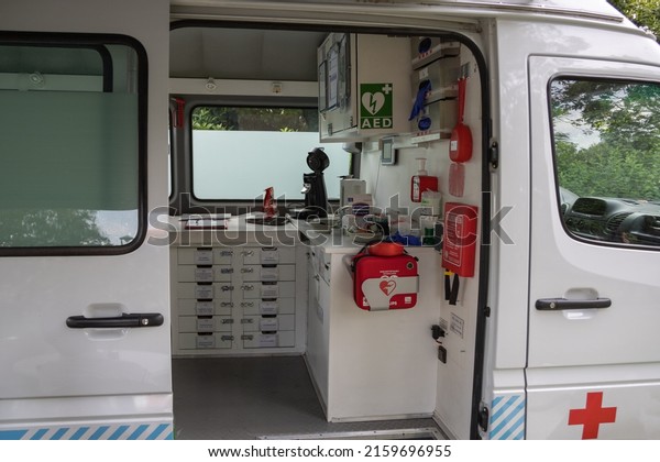 Eindhoven, The Netherlands May 22 2022: Close up\
of car,bus or van Rode Kruis. Dutch Red Cross. First aid for\
refugees, during sports events or dance festivals.  Emergency and\
hospital, part of\
serie.