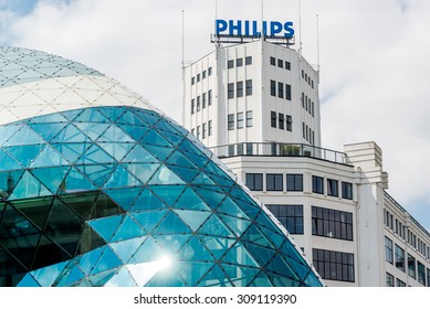 Eindhoven, Netherlands - May 24, 2015: Day view of the old Philips factory building and modern futuristic building in the city centre of Eindhoven. Western Europe