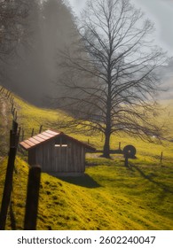 Eine alte Scheune mit einem Mühlenstein nebenan. An einem Nebligem Tag.