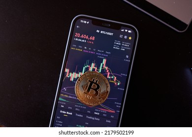 Eisenberg  Germany 07.16.2022 - Bitcoin Lay Down On IPhone And Chart