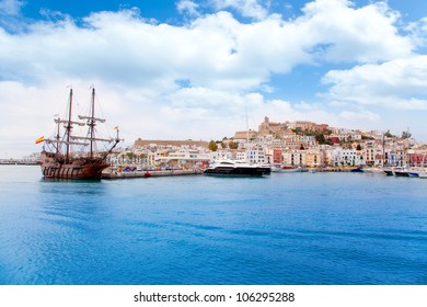Eivissa ibiza town with old classic wooden corsair boat - Shutterstock ID 106295288