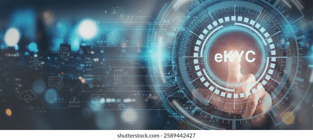 eKYC digital identity verification and security concept. Interacting with a futuristic digital interface the eKYC (electronic Know Your Customer) process. Biometric authentication and  data security.