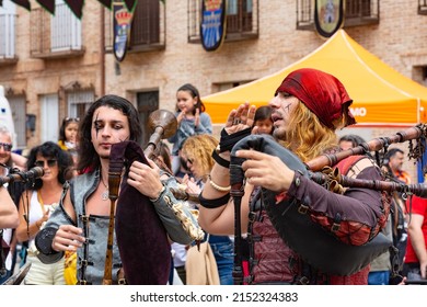 El Alamo, Madrid - May 2, 2022: El Alamo 2022 Medieval Market. A Actors Group Entertains Visitors