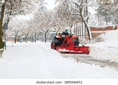 El Alamo, Madrid, Spain; 01092021: Improvised Snow Plow Removes Snow From The Streets In Madrid. The Storm Filomena Leaves Half A Meter Of Snow In Madrid