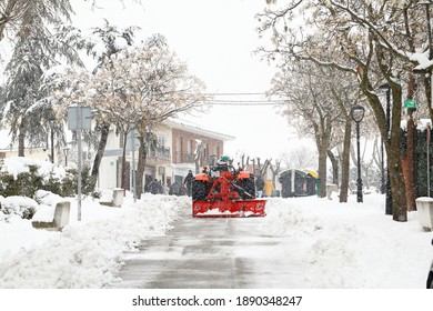 El Alamo, Madrid, Spain; 01092021: Improvised Snow Plow Removes Snow From The Streets In Madrid. The Storm Filomena Leaves Half A Meter Of Snow In Madrid