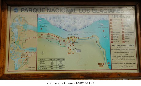 EL CALAFATE, ARGENTINA  - FEBRUARY 9, 2020: Map In The Los Glaciares National Park And Perito Moreno Glacier In Southwest Santa Cruz Province, Argentina