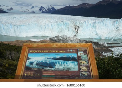 EL CALAFATE, ARGENTINA  - FEBRUARY 9, 2020: Map In The Los Glaciares National Park And Perito Moreno Glacier In Southwest Santa Cruz Province, Argentina