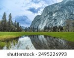 El Capitan from Cooks Meadow. Springtime in Yosemite National Park, Reflection of El Captain in a spring lake. Beautiful view in Yosemite Valley. El Capitan in Yosemite national park