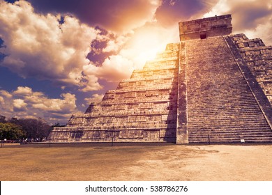 El Castillo (The Kukulkan Temple) of Chichen Itza, mayan pyramid in Yucatan, Mexico. It's  one of the new 7 wonders of the world