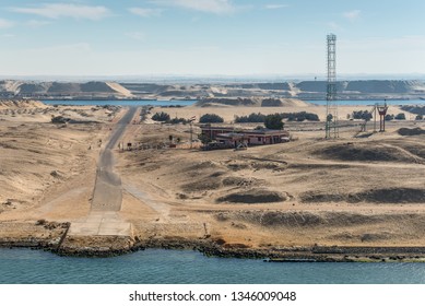 El Ferdan, Egypt - November 5, 2017: Built, Communication Tower And Watch Tower On The Island In The Middle Of The Suez Canal Near Ismailia, Egypt, Africa.