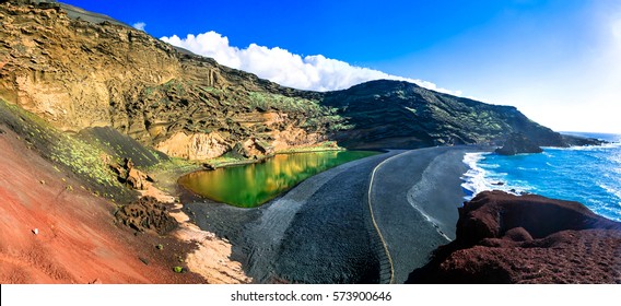 El Golfo With Unique Lago Verde And Black Sands Beach. Lanzarote, Canary Islands