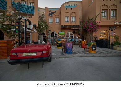 El Gouna, Hurghada, Red Sea Governorate, Egypt- September 13 2022: Abu Tig Marina In El Gouna, Egypt Daylight View Showing Bartender Flair And Cocktail Bar 