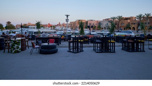 El Gouna, Hurghada, Red Sea Governorate, Egypt- September 13 2022: Abu Tig Marina In El Gouna, Egypt Daylight View Showing Bartender Flair And Cocktail Bar 