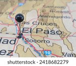 El Paso, Texas marked by a black map tack. The City of El Paso is located in West Texas at the border with Mexico.