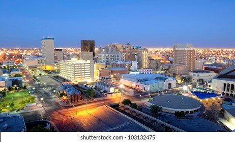 El Paso Texas Skyline at Night. Downtown El Paso Texas skyline seen just after sunset. 16 x 9 aspect ratio. Space for copy.