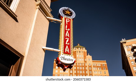 El Paso, Texas, United States - October 17, 2021: Plaza Theatre Sign In The Downtown Area In Front Of The Plaza Hotel