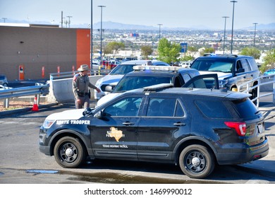 El Paso, Texas / USA - Circa August 2019
Police And Highway Patrol Blocking All Entrances To Walmart, Scene Of The 3 August Mass Shooting In El Paso, Texas.