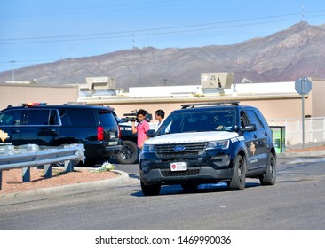 El Paso, Texas / USA - Circa August 2019
Police And Highway Patrol Blocking All Entrances To Walmart, Scene Of The 3 August Mass Shooting In El Paso, Texas.