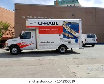 El Paso, Texas / USA: Circa October 2019
U-Haul Truck Parked In Front Of The El Paso Museum Of Art During A Street Festival.
