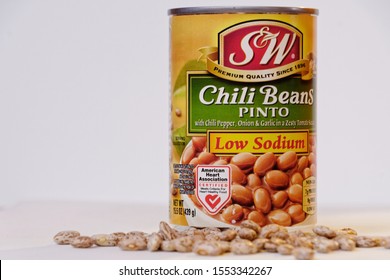El Paso, Texas / USA: Circa November 2019
Can Of S&W Brand Low Sodium  Pinto Beans With Chili Peppers, Onion And Garlic.
Approved By The American Heart Association.