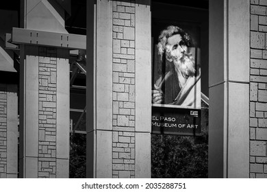 El Paso, Texas, USA - June 21, 2016: A Banner For The El Paso Museum Of Art Hangs On A Sunny Sidewalk.