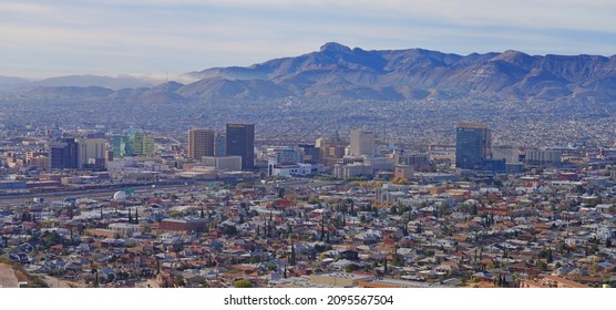 EL PASO, TX -15 DEC 2021- View Of The Skylines Of El Paso, Texas And Ciudad Juarez, Mexico, And The United States-Mexico Border Seen From The Landmark Scenic Drive In El Paso.