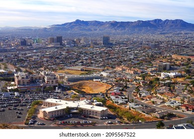 EL PASO, TX -15 DEC 2021- View Of The Skylines Of El Paso, Texas And Ciudad Juarez, Mexico, And The United States-Mexico Border Seen From The Landmark Scenic Drive In El Paso.