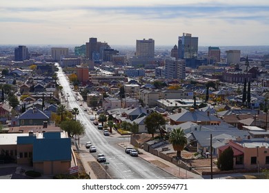 EL PASO, TX -15 DEC 2021- Landscape View Of The Downtown El Paso Skyline In Texas, United States.