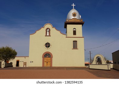 EL PASO, TX -23 MAR 2019- View Of The Landmark Ysleta Mission Church Located In The Ysleta Del Sur Pueblo In El Paso, Texas.