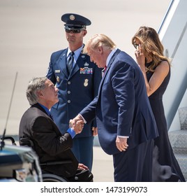 EL PASO, TX – 	AUGUST 7. President Donald Trump And Melania Greet Governor Greg Abbot At The El Paso International Airport In El Paso, Texas – 7 Aug 2019

