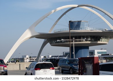 El Segundo, California / USA -  October 11, 2019: LAX Theme Building Viewed From The Parking Structure Adjacent To The Control Tower And Terminal 2.