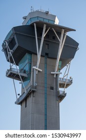 El Segundo, California / USA -  October 11, 2019: LAX Control Tower As Viewed By The Top Of The Parking Structure For Terminal 2 And 3, Facing North.