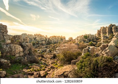 El Torcal de Antequera in Malaga, Spain. Views of the rock formations in a beautiful sunset. Unusual prehistoric landscape.