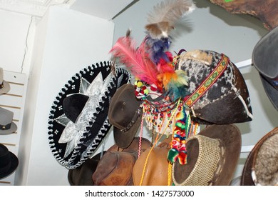 Elaborate Hats On Display In The Showroom Of A Hat Factory In Iluman, Ecuador