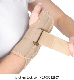 Elastic Wrist Bandage. Orthopedic Medical Fitness Hand Bandage. Elastic Wrist Injury Support. Sport Protective Wristband Isolated On White Background. Wrist Positioning Orthosis. Wrist Pain.